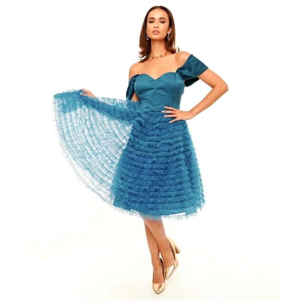 Unique Vintage 50s Cupcake Tulle Off Shoulder Swing Dress Teal L 10-12 NWT $148